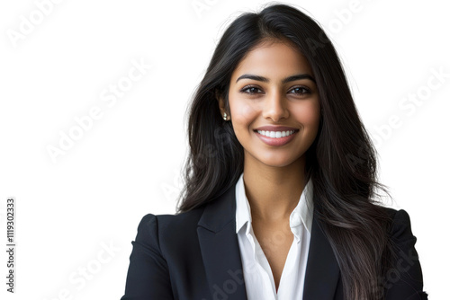 Indian businesswoman in a suit, standing confidently in modern office, professional demeanor,isolated on transparent and white background.PNG image