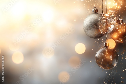 Elegant golden and silver decorations hanging with sparkling effects, symbolizing festive joy and celebration, capturing a magical and luxurious atmosphere. photo