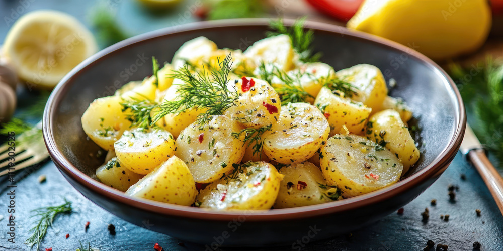 Greek potatoes with herbs. AI generative. Greek potatoes with herbs. AI generative.