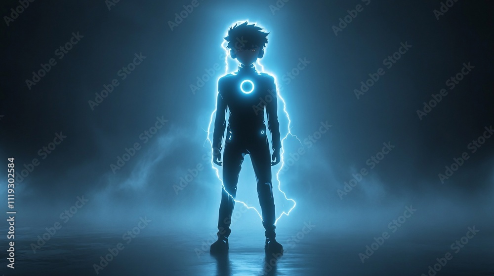 Futuristic glowing boy superhero silhouette. Generative ai Futuristic glowing boy superhero silhouette. Generative ai