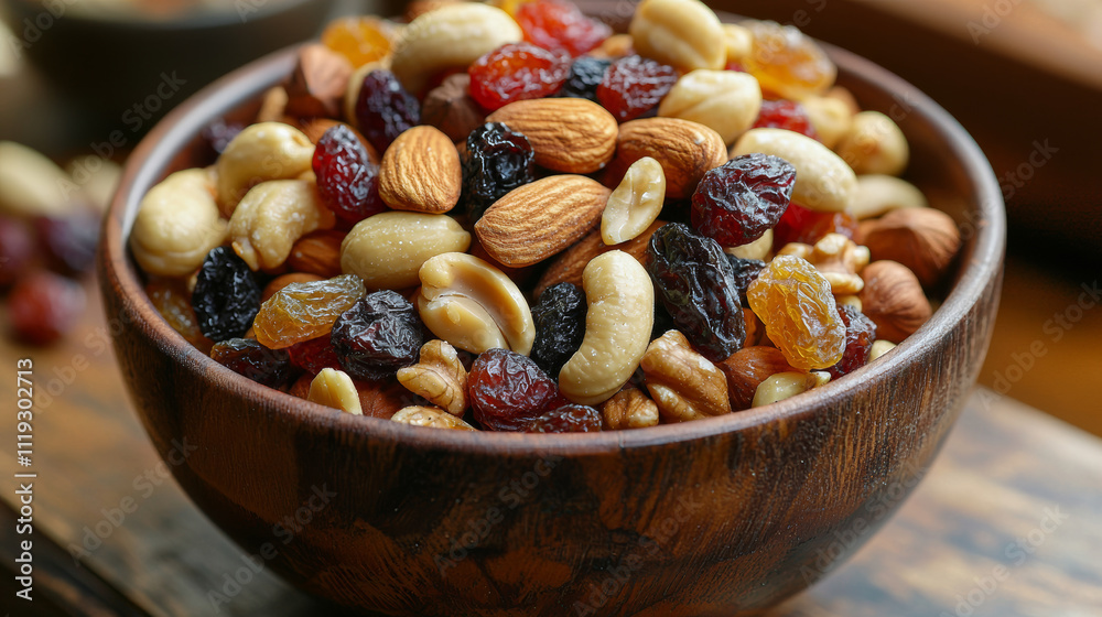wooden bowl filled with mix of nuts and dried fruits, including almonds, cashews, raisins, and golden raisins, offering healthy and portable snack option wooden bowl filled with mix of nuts and dried fruits, including almonds, cashews, raisins, and golden raisins, offering healthy and portable snack option