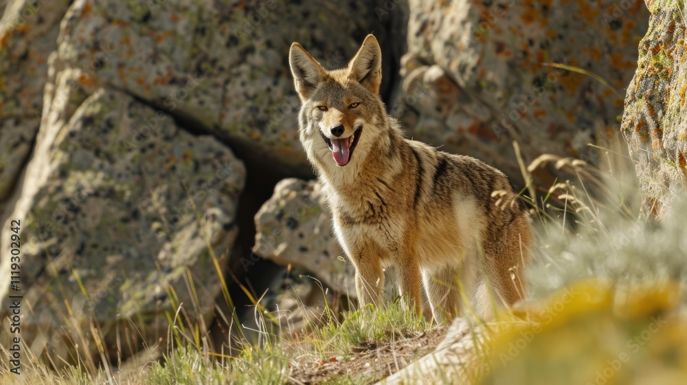 Fototapeta premium coyote standing on the grass near large rock wall, with its mouth open and tongue out