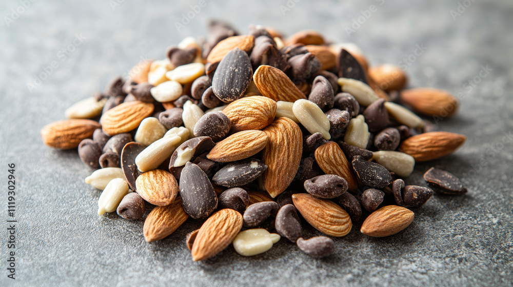 Obraz premium healthy trail mix featuring almonds, sunflower seeds, peanuts, and chocolate chips, perfect for snacking or energy boosts