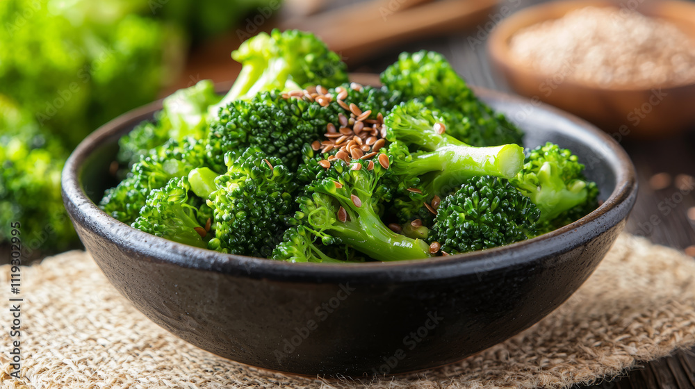 Steamed broccoli with sprinkle of flax seeds served in black bowl on rustic table, showcasing healthy and nutritious meal option Steamed broccoli with sprinkle of flax seeds served in black bowl on rustic table, showcasing healthy and nutritious meal option
