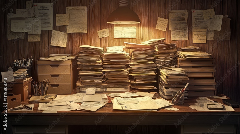 Chaotic Desk Workspace with Stacks of Paper and Office Supplies Chaotic Desk Workspace with Stacks of Paper and Office Supplies