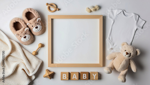 Pregnancy, baby coming announcement template, square wooden frame mockup, cozy fall flat lay composition with warm baby overall, teddy bear, toy and blanket.