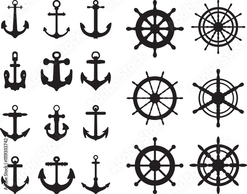 Set of anchors and rudders symbols or logo template 