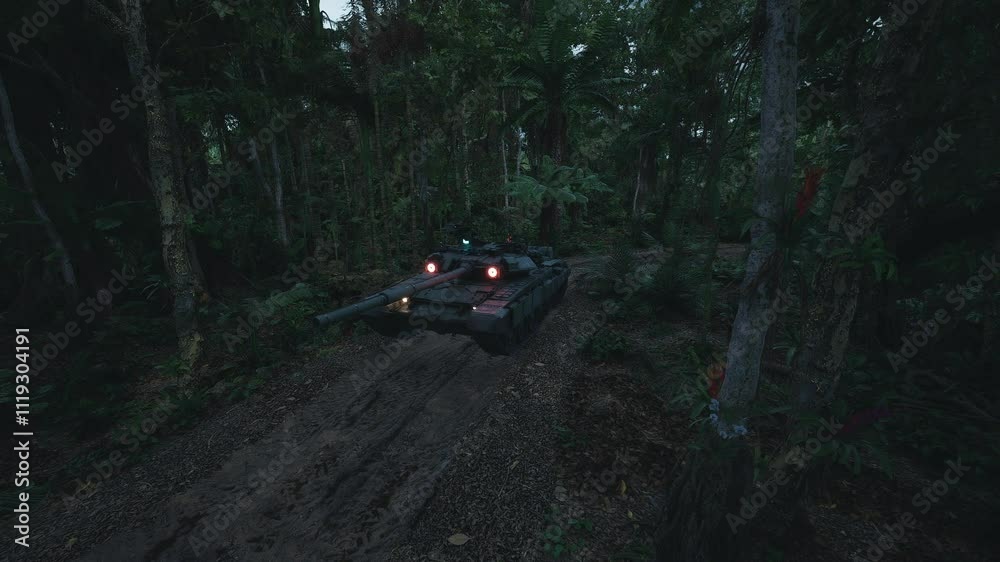 A military tank moves cautiously through a thick jungle, surrounded by tall trees and vegetation. The environment is dimly lit, adding to the atmosphere of stealth and tension. A military tank moves cautiously through a thick jungle, surrounded by tall trees and vegetation. The environment is dimly lit, adding to the atmosphere of stealth and tension.