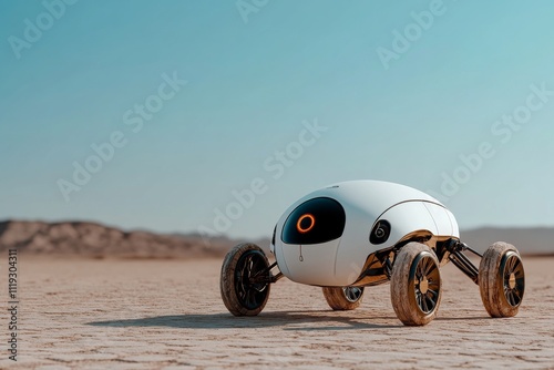 A futuristic, egg-shaped vehicle with four wheels travels across a desert terrain, showcasing advanced automotive technology and exploration themes. photo