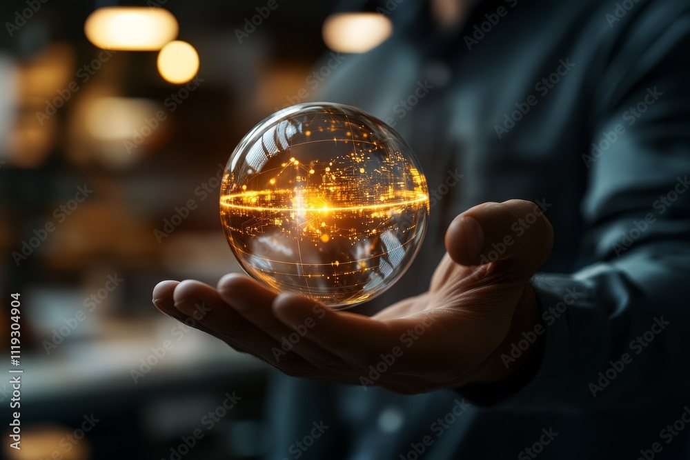 Fototapeta premium A hand presents a digital sphere that glows with energy, symbolizing technology, innovation, and the boundless potential of the digital frontier forces.