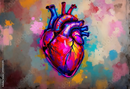 Watercolor realistically painting, Human heart with floral design.
