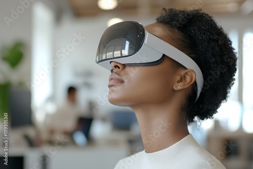 A woman experiencing virtual reality using a sleek headset, embodying exploration, innovation, and futuristic interaction in a digital age.