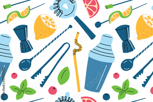 Vector pattern of cocktail tools and garnishes in flat cartoon style. Illustrations of shakers, strainers, jiggers, citrus slices, mint leaves, seamless background of bar accessories for mixology