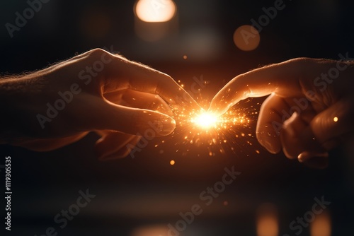 Two hands with fingers almost touching generate a glowing spark between them, symbolizing a connection or creative ignition in an abstract and artistic style. photo