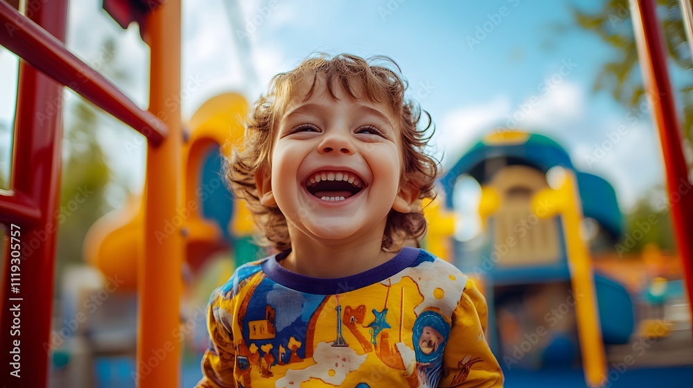 38. A child with a unique outfit and an infectious smile, playing joyfully in a playground