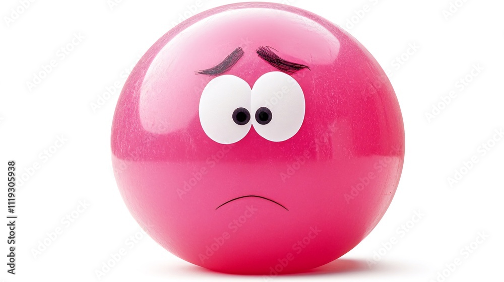 Fototapeta premium Pink sphere with sad cartoon face, worried expression.