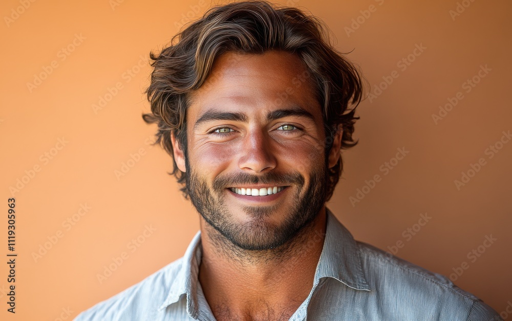 Obraz premium A man with a smile on his face is wearing a pink shirt