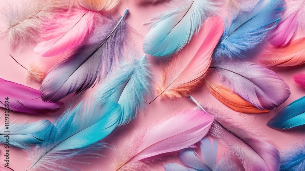 Fototapeta premium Colorful Soft Feathers Lying on a Pink Surface for Creative Projects