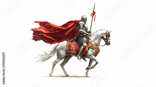 A knight in armor rides a white horse, adorned with a red cape and decorative saddle. photo