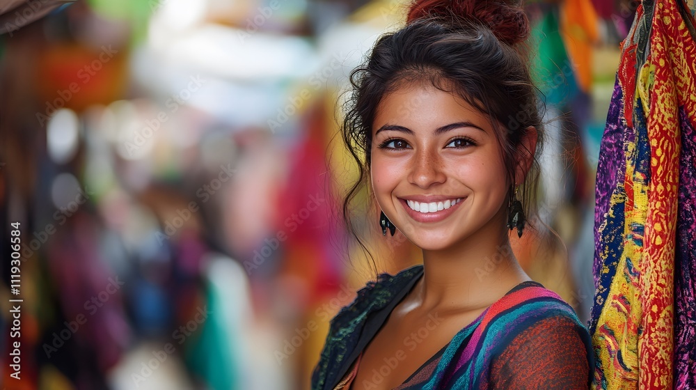 45. A young woman with a distinctive outfit and a joyful smile, exploring a colorful marketplace 45. A young woman with a distinctive outfit and a joyful smile, exploring a colorful marketplace