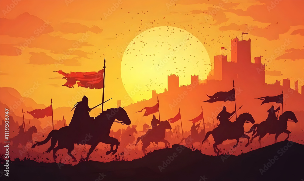 Fototapeta premium A silhouette of horsemen with flags against a vibrant sunset and a castle backdrop.