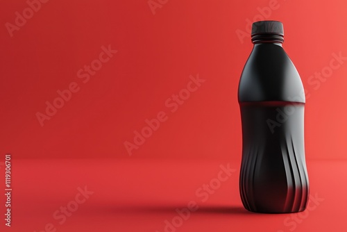 Black plastic bottle shown in a minimalist design with vivid red background for clear focus. photo