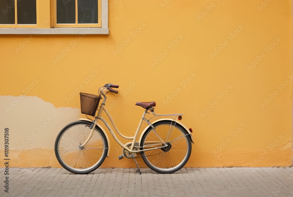 Fototapeta premium Cream Bicycle Leaned Against a Yellow Wall