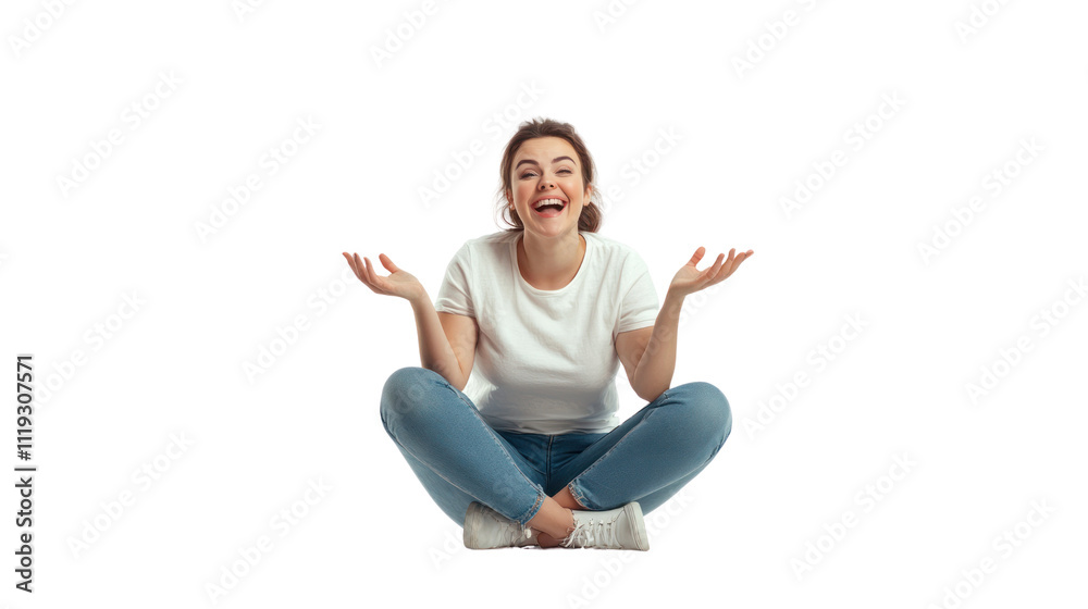 Happy and Surprised: A young woman sits with legs crossed, radiating joy and surprise. She's wearing a simple white t-shirt and blue jeans, embodying a carefree spirit. Happy and Surprised: A young woman sits with legs crossed, radiating joy and surprise. She's wearing a simple white t-shirt and blue jeans, embodying a carefree spirit.