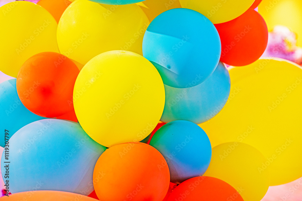 background of multi-colored inflated balloons. Business opening, Holiday decorations