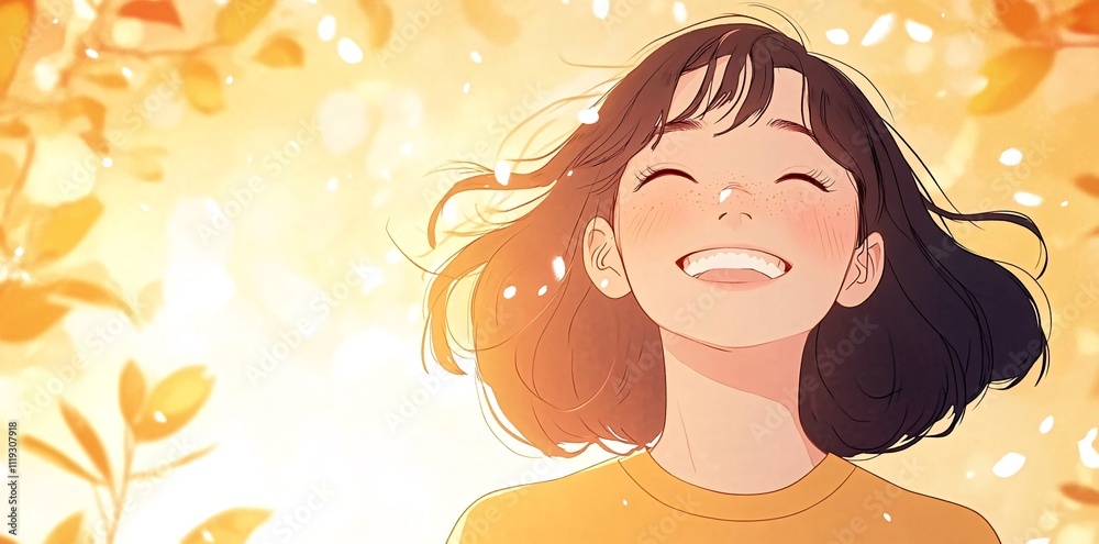Happy girl smiling in autumn leaves. Generative ai Happy girl smiling in autumn leaves. Generative ai