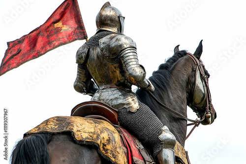 A knight in armor rides a horse, holding a flag, evoking historical themes of chivalry.