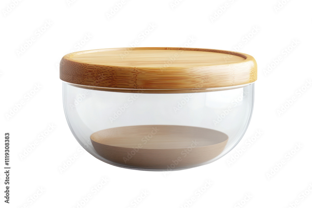 Glass food container with bamboo lid, offering a modern and natural look for food storage isolated on transparent and white background.PNG image Glass food container with bamboo lid, offering a modern and natural look for food storage isolated on transparent and white background.PNG image