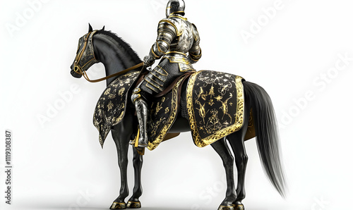 A knight in armor riding a black horse, adorned with a decorative saddle. photo