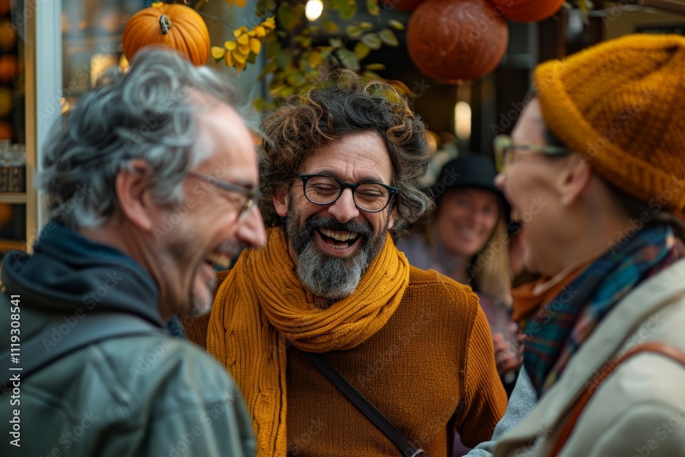 Handsome bearded senior man with glasses and a beard in a yellow sweater and a hat on the background of a group of friends walking around the city. Handsome bearded senior man with glasses and a beard in a yellow sweater and a hat on the background of a group of friends walking around the city.