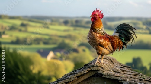 a close up photograph of a cockerel crowing on the top of a barn roof in dorset. The fields in the background are green and lush and the sky is blue.