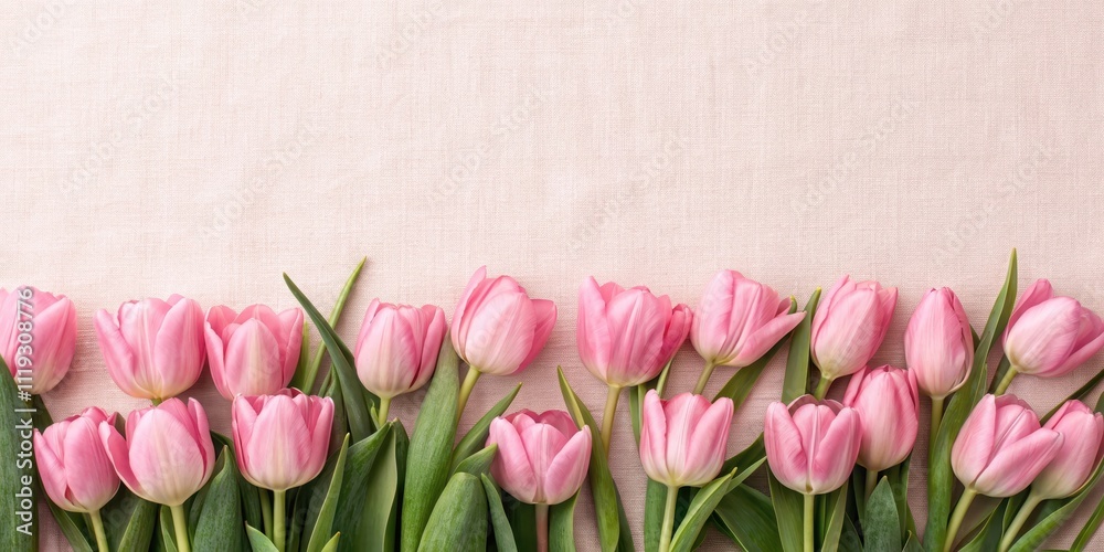 A delicate row of pink tulips arranged on a soft pink linen background, creating a charming floral border.