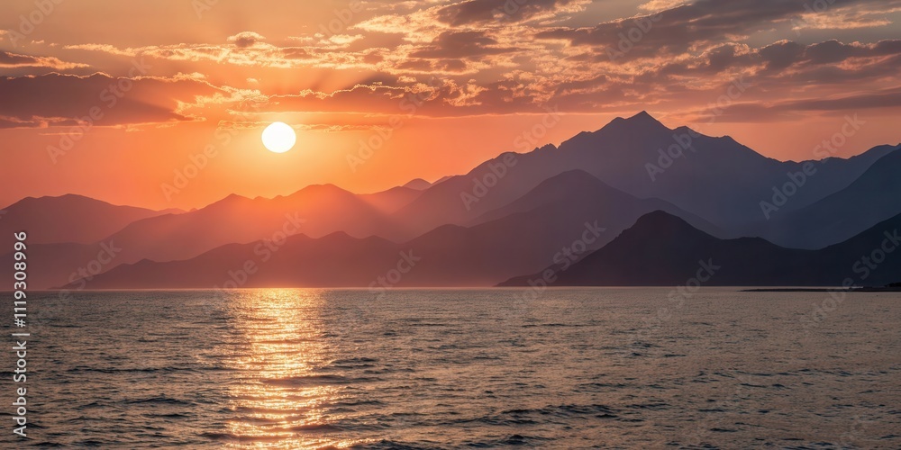 Serene Sunset Over Coastal Mountain Range, Golden Hour Hues Reflecting on Calm Waters Serene Sunset Over Coastal Mountain Range, Golden Hour Hues Reflecting on Calm Waters
