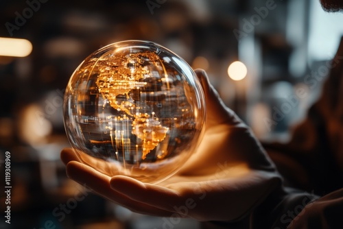 An enchanting glass sphere holds a realistic, illuminated depiction of Earth, emphasizing global connectivity and the essence of worldwide technological innovation. photo