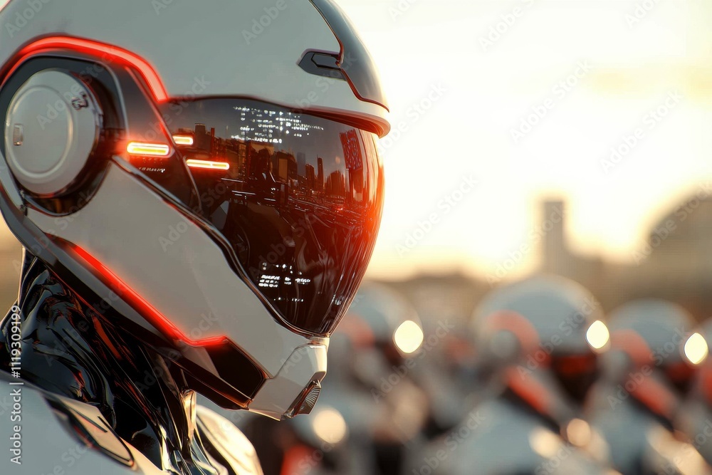 Fototapeta premium A sleek, white futuristic robot stares ahead, its black helmet reflecting a city skyline, illuminated by ambient lights, suggesting intelligence and technology.