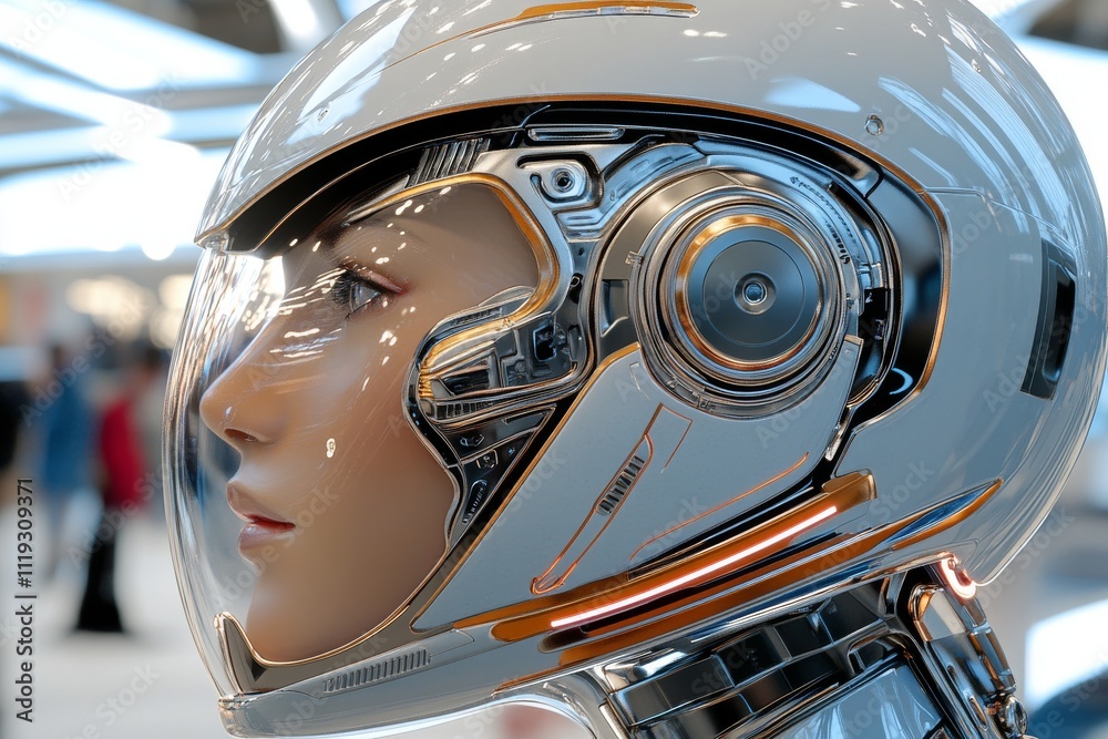 A close-up view of a cybernetic humanoid with a sleek, metallic helmet, illustrating fusion of human and machine with advanced technology elements. A close-up view of a cybernetic humanoid with a sleek, metallic helmet, illustrating fusion of human and machine with advanced technology elements.