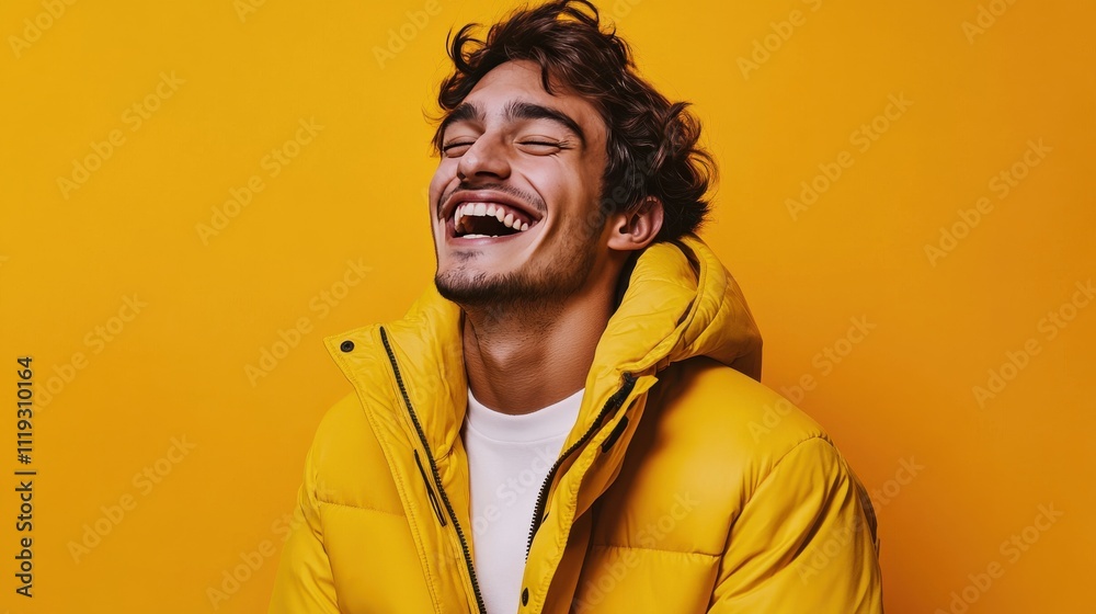 A man in a yellow jacket is smiling and laughing A man in a yellow jacket is smiling and laughing