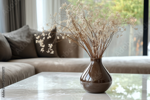 Elegant mocha mousse vase with dried flowers on marble table in living room