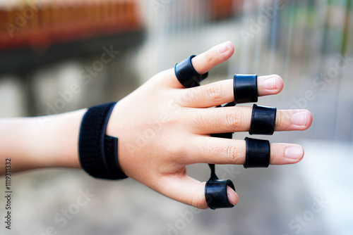The picture shows the use of medical rubber finger joint devices in physical therapy exercises to train finger joint flexibility.