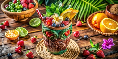 Aerial View of Tiki Cocktail in Vibrant Setting with Fruits and Straws on Green Rug and Wooden Table â€“ Perfect for Summer Vibes and Tropical Themes