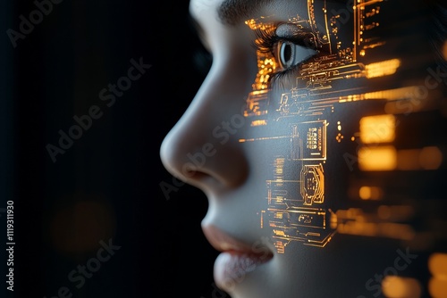 A close-up profile of a person with a digital, circuit-like overlay, integrating the concept of human-technological symbiosis and digital identity. photo