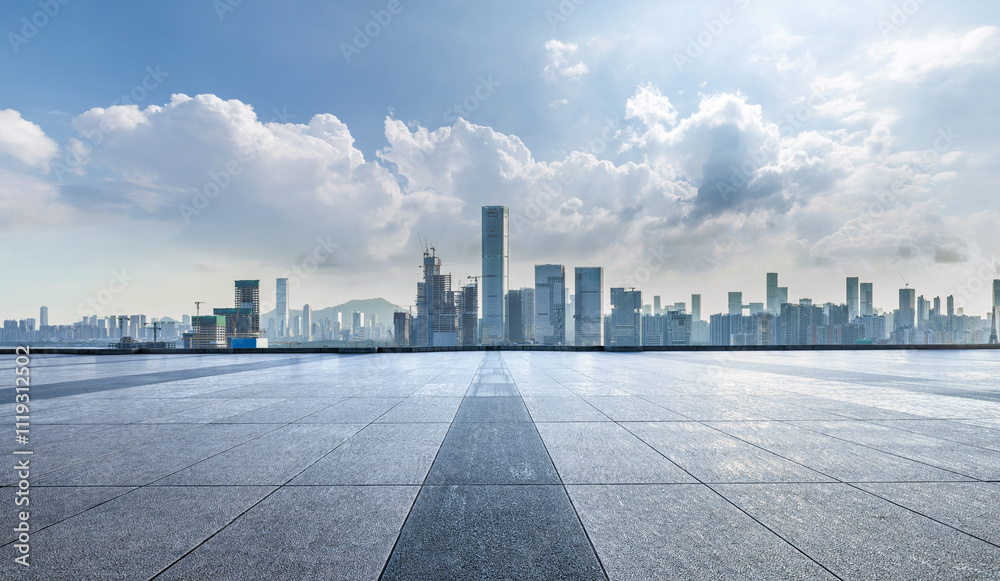 Empty square floor and city skyline with modern buildings scenery in Shenzhen. car advertising background. Empty square floor and city skyline with modern buildings scenery in Shenzhen. car advertising background.