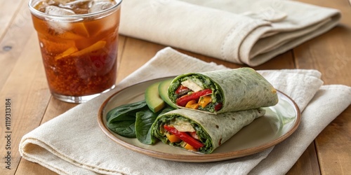 Delicious spinach wraps with roasted peppers and avocado, served with iced tea photo