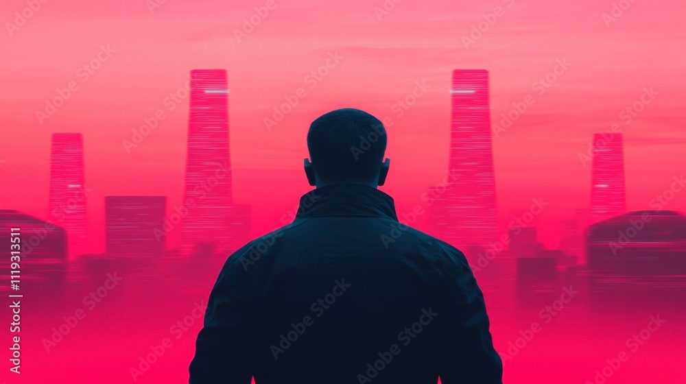 A silhouetted figure stands against a vibrant pink skyline, featuring towering skyscrapers shrouded in mist, evoking a futuristic and mysterious atmosphere. A silhouetted figure stands against a vibrant pink skyline, featuring towering skyscrapers shrouded in mist, evoking a futuristic and mysterious atmosphere.