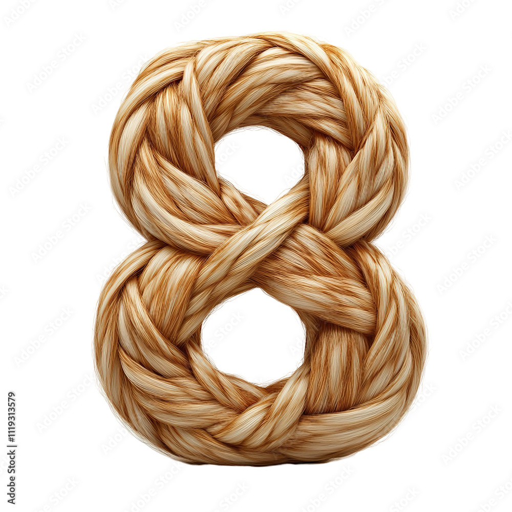 Front view of a 3D number 8 made of blond hair isolated on a white transparent background Front view of a 3D number 8 made of blond hair isolated on a white transparent background