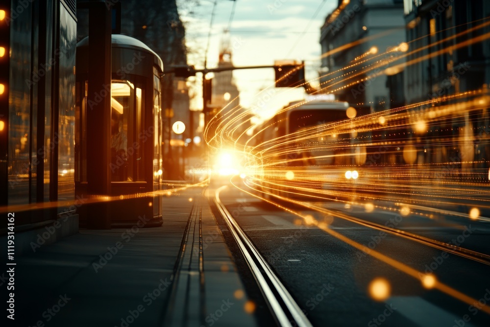 Street scene showcasing urban transit with dramatic light trails, evoking a sense of speed and movement, capturing an artistic cityscape amidst a setting sun. Street scene showcasing urban transit with dramatic light trails, evoking a sense of speed and movement, capturing an artistic cityscape amidst a setting sun.
